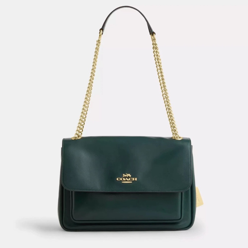 Coach Forest Green Leather Shoulder Bag with Gold Chain Strap. EUC. Retail $350.